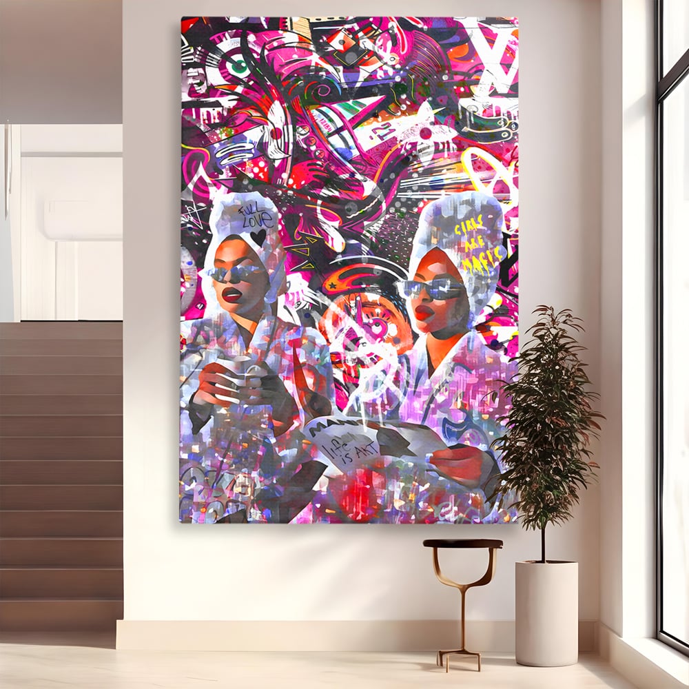 Tablou canvas cu tablou canvas cu femei si graffitti, fara rama, pe sasiu de lemn